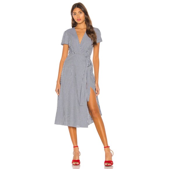 L'Academie Tuscy Wrap Dress XS Revolve Blue White Gingham Pattern Short Sleeve - Picture 1 of 9